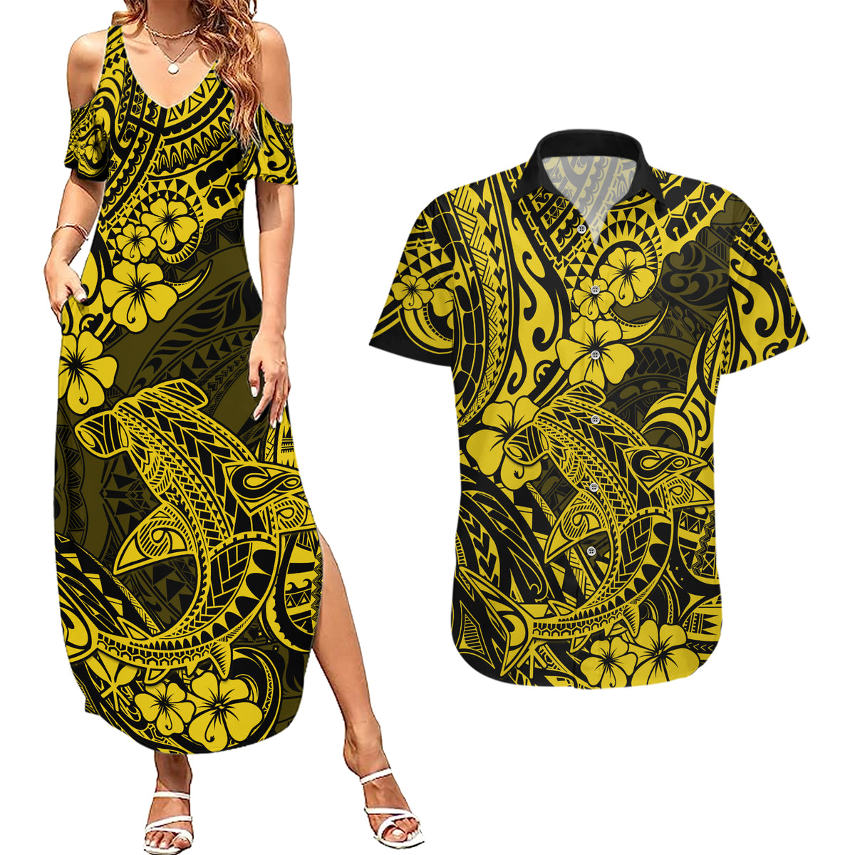 Hawaii Shark Couples Matching Summer Maxi Dress and Hawaiian Shirt Polynesian Pattern Yellow Version LT01 Yellow - Polynesian Pride
