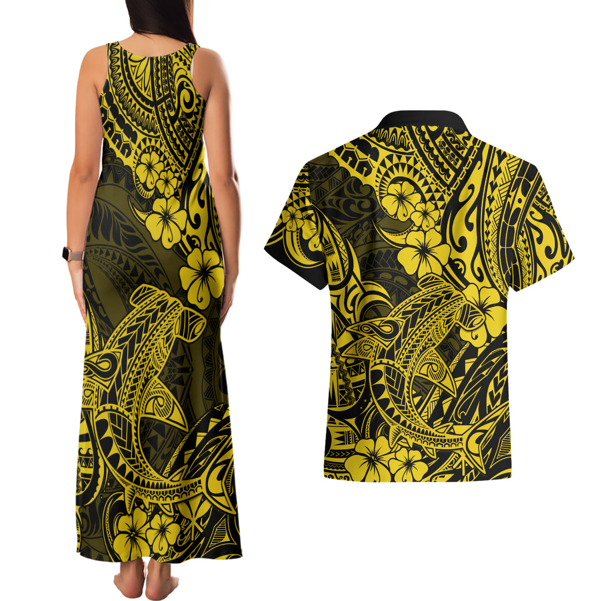 Hawaii Shark Couples Matching Tank Maxi Dress and Hawaiian Shirt Polynesian Pattern Yellow Version LT01 - Polynesian Pride