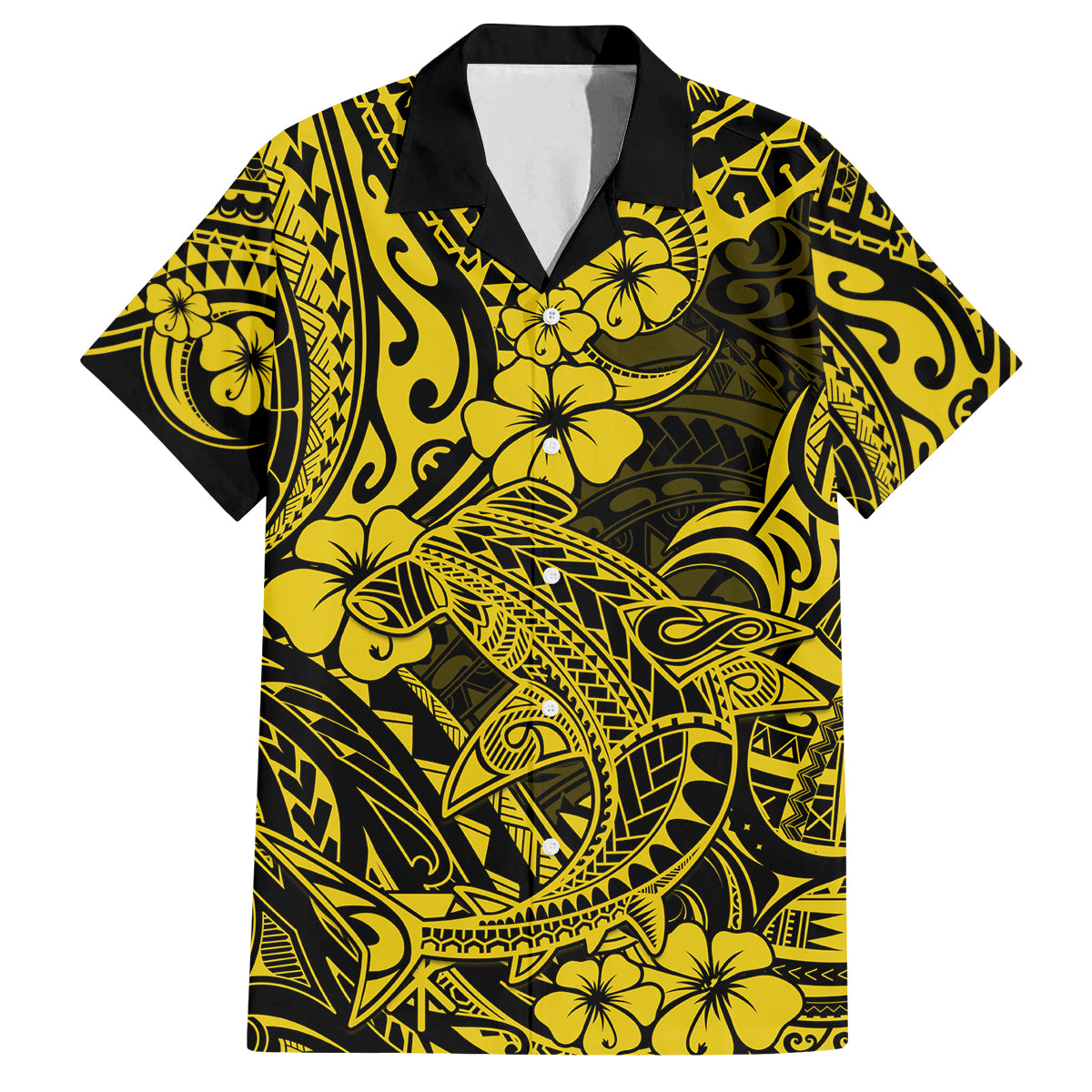 Hawaii Shark Family Matching Off Shoulder Short Dress and Hawaiian Shirt Polynesian Pattern Yellow Version LT01 Dad's Shirt - Short Sleeve Yellow - Polynesian Pride