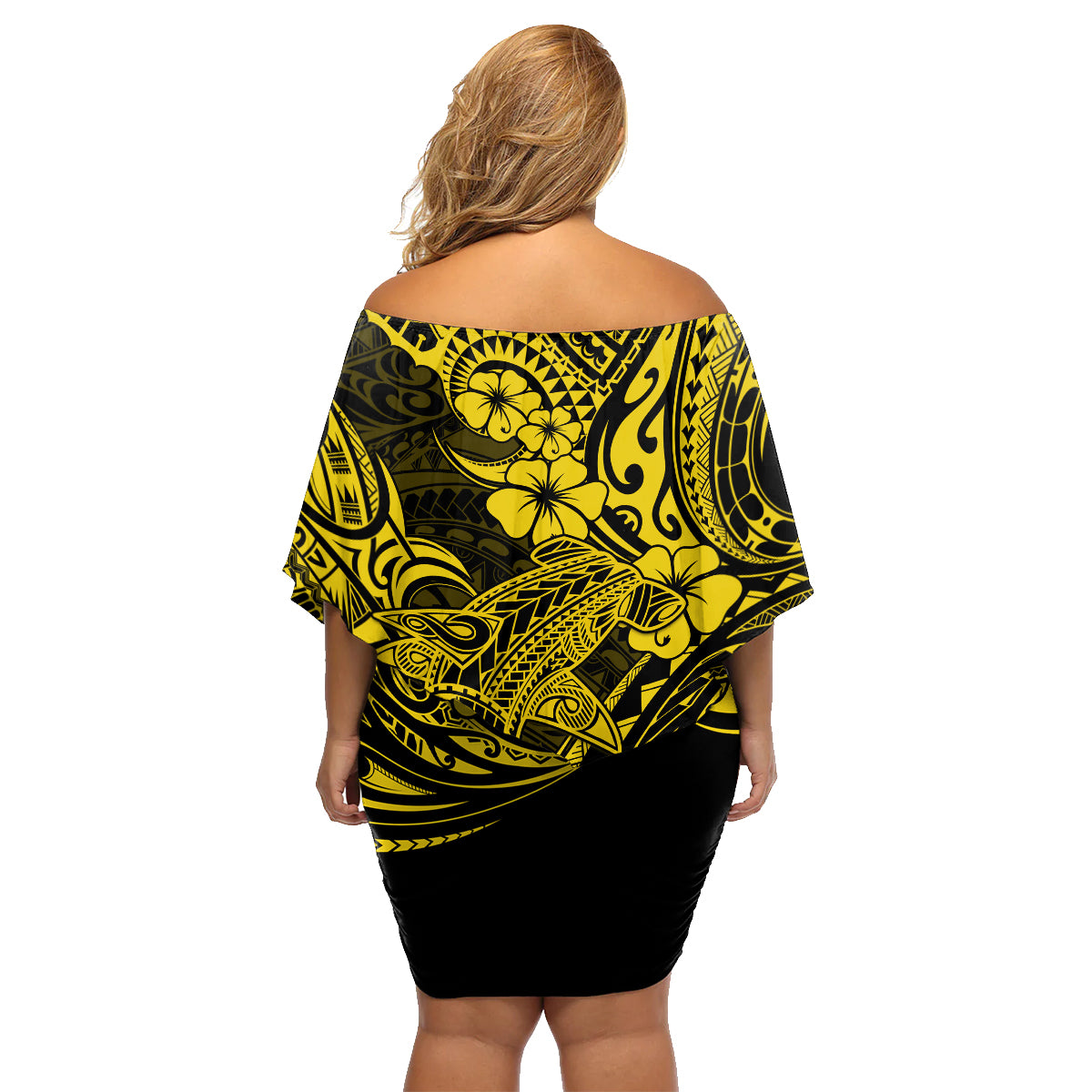 Hawaii Shark Family Matching Off Shoulder Short Dress and Hawaiian Shirt Polynesian Pattern Yellow Version LT01 - Polynesian Pride