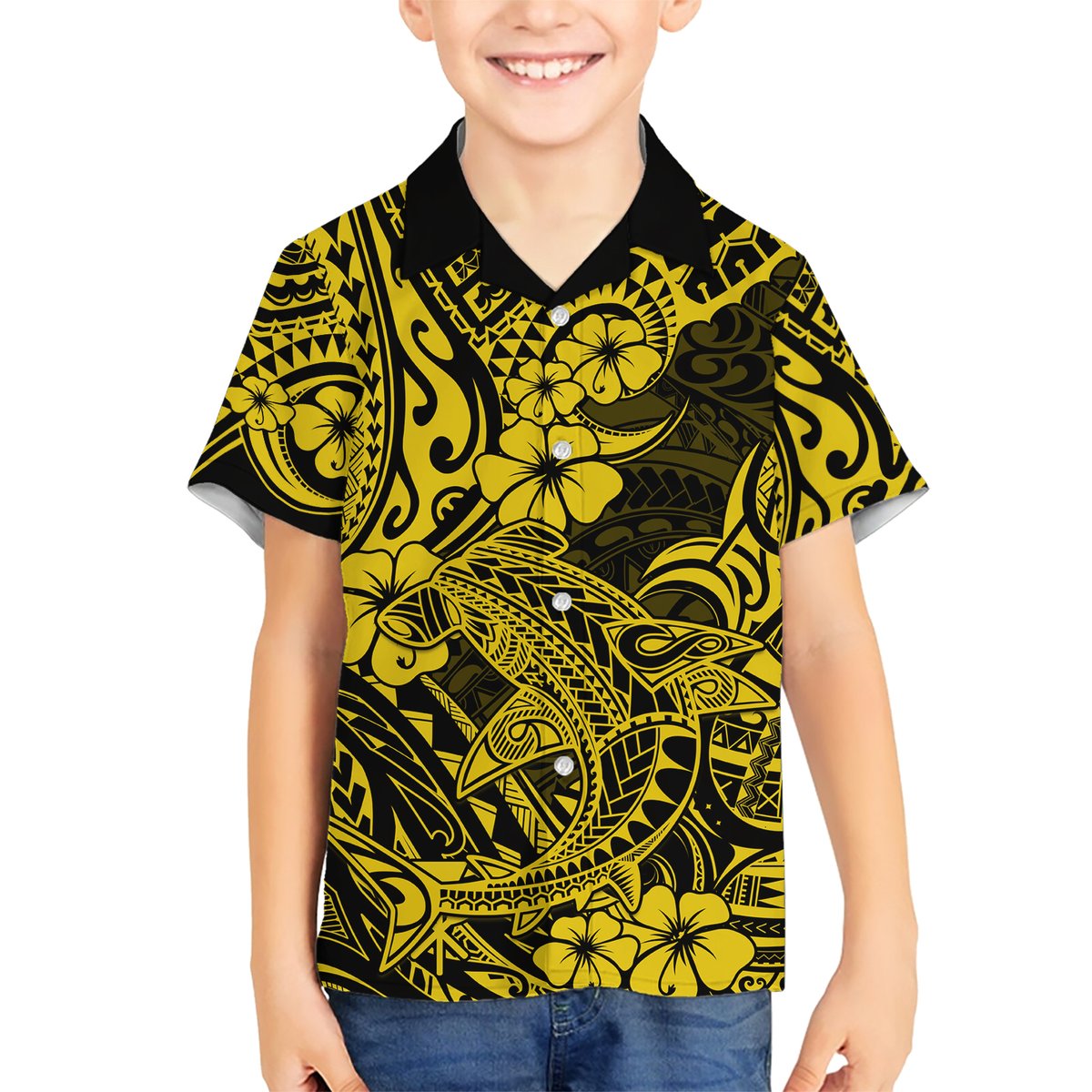 Hawaii Shark Hawaiian Shirt Polynesian Pattern Yellow Version LT01 - Polynesian Pride
