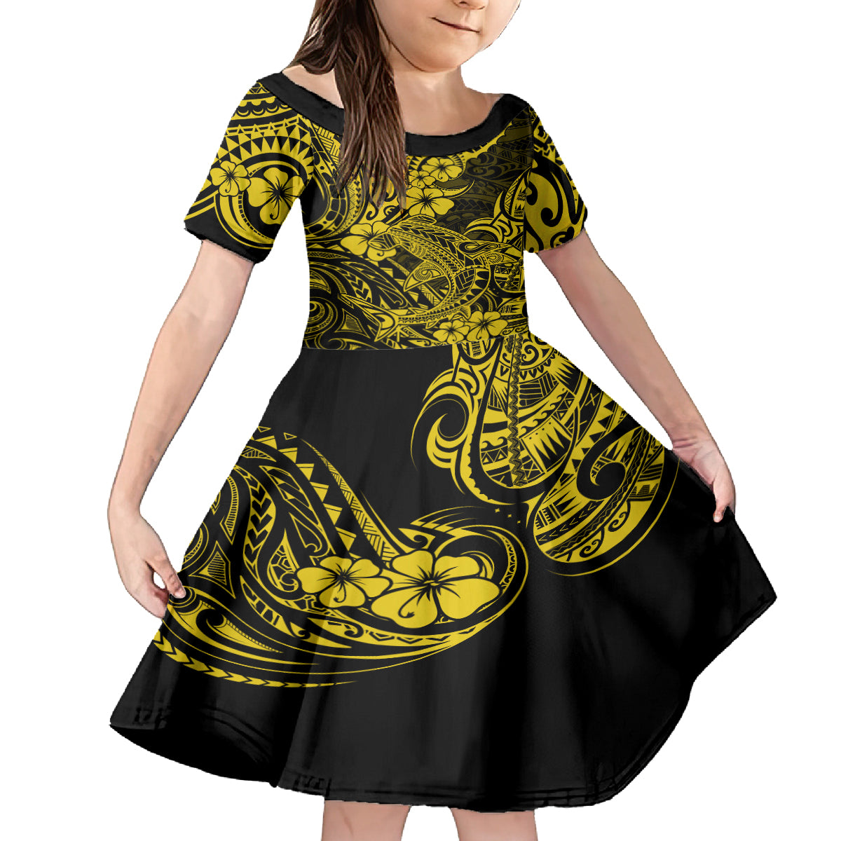 Hawaii Shark Kid Short Sleeve Dress Polynesian Pattern Yellow Version LT01 KID Yellow - Polynesian Pride