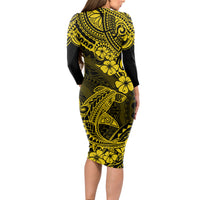 Hawaii Shark Long Sleeve Bodycon Dress Polynesian Pattern Yellow Version LT01 - Polynesian Pride