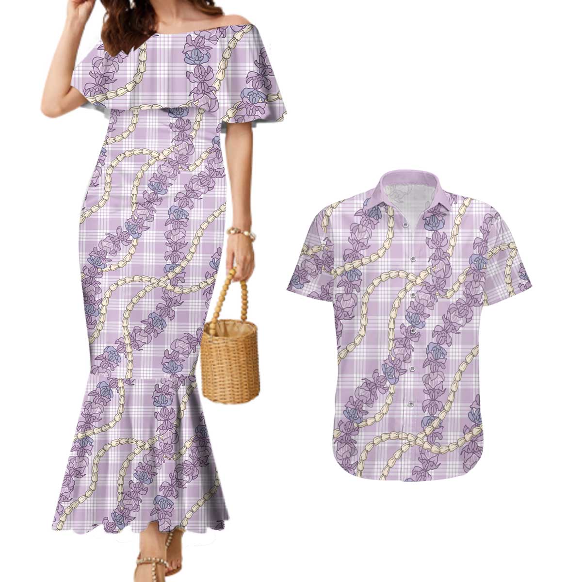 Pua Kalaunu Lei Couples Matching Mermaid Dress and Hawaiian Shirt Palaka Pattern