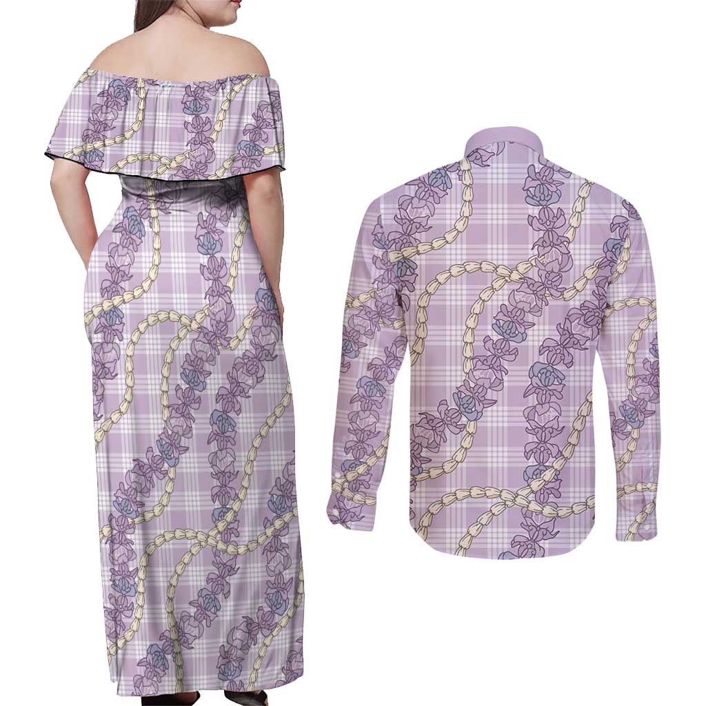 Pua Kalaunu Lei Couples Matching Off Shoulder Maxi Dress and Long Sleeve Button Shirt Palaka Pattern