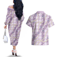 Pua Kalaunu Lei Couples Matching Off The Shoulder Long Sleeve Dress and Hawaiian Shirt Palaka Pattern
