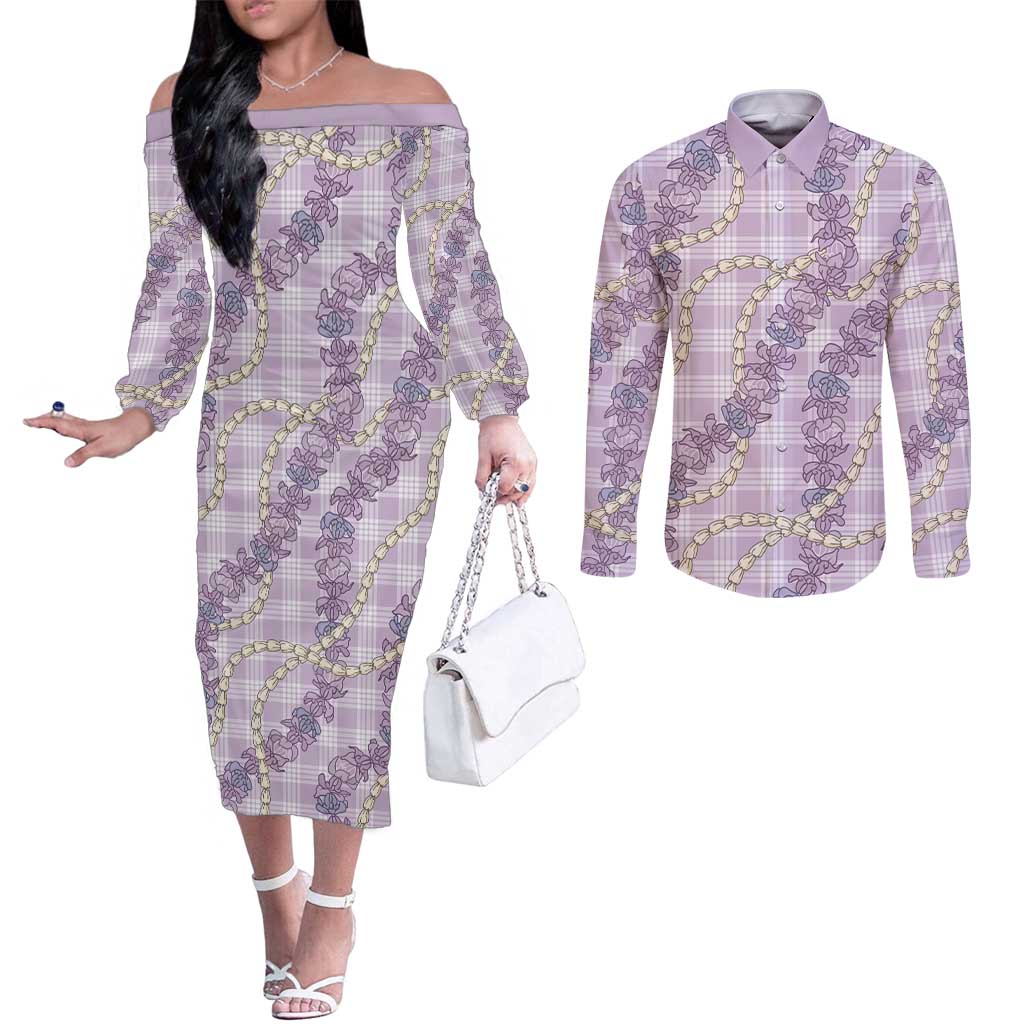 Pua Kalaunu Lei Couples Matching Off The Shoulder Long Sleeve Dress and Long Sleeve Button Shirt Palaka Pattern LT01 Purple - Polynesian Pride