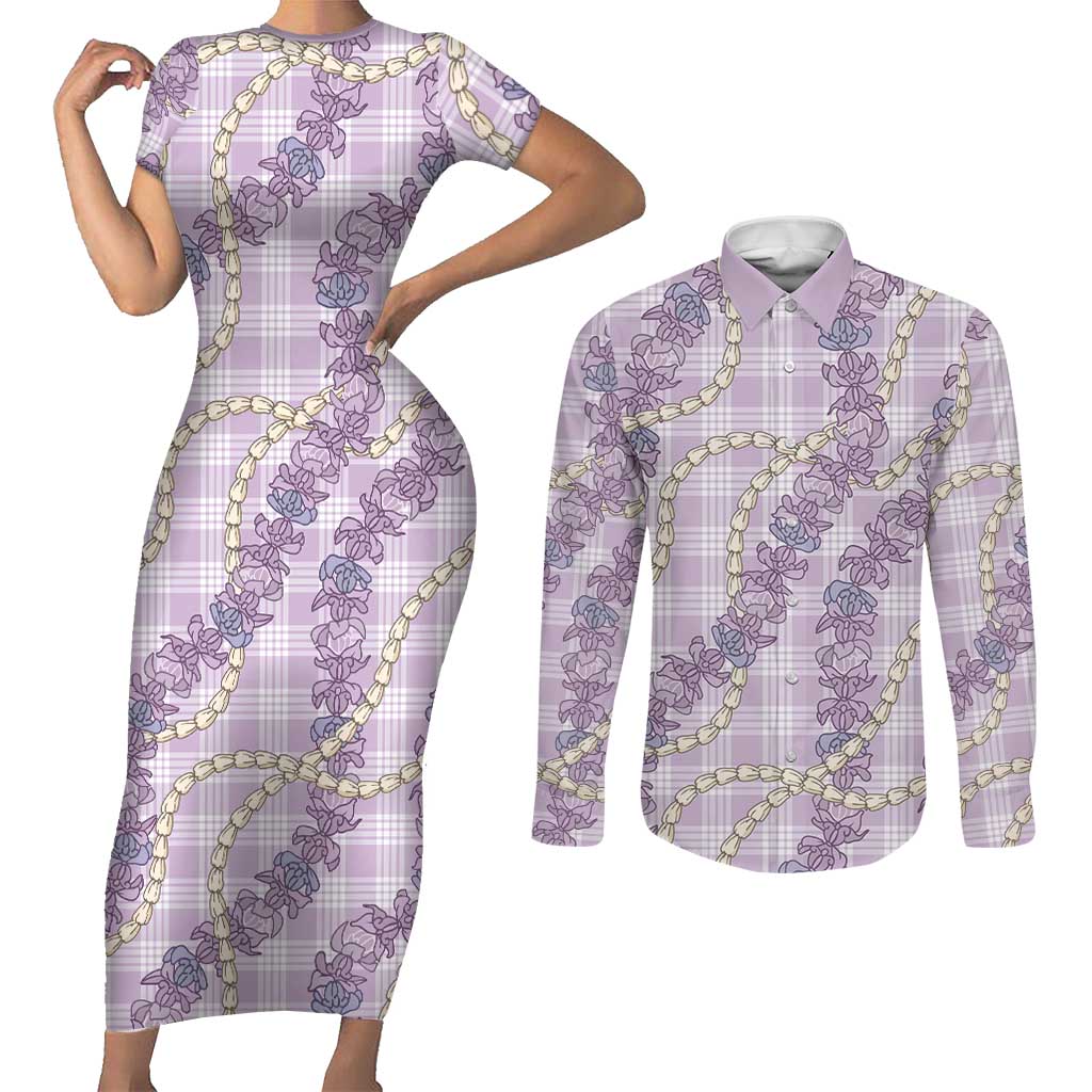 Pua Kalaunu Lei Couples Matching Short Sleeve Bodycon Dress and Long Sleeve Button Shirt Palaka Pattern LT01 Purple - Polynesian Pride