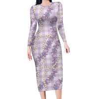 Pua Kalaunu Lei Family Matching Long Sleeve Bodycon Dress and Hawaiian Shirt Palaka Pattern LT01 Mom's Dress Purple - Polynesian Pride