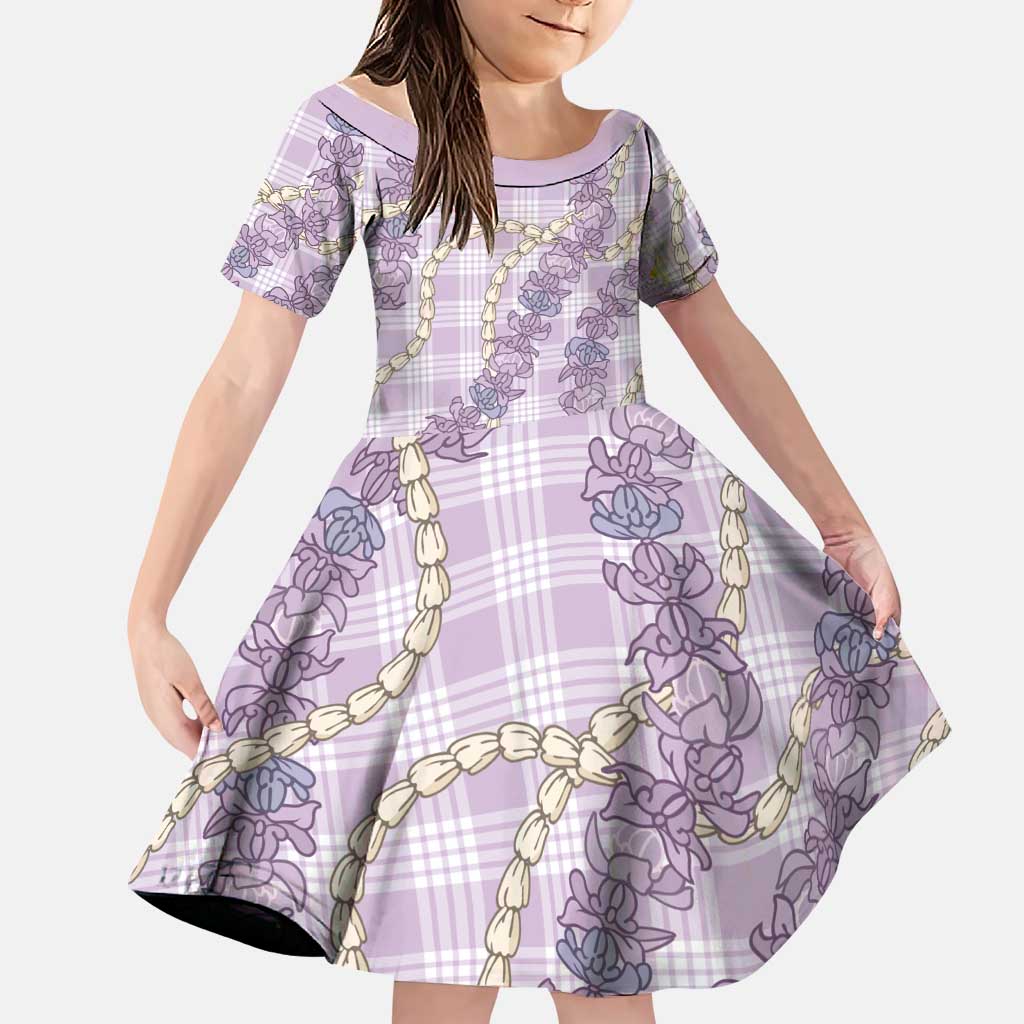 Pua Kalaunu Lei Family Matching Off The Shoulder Long Sleeve Dress and Hawaiian Shirt Palaka Pattern LT01 Daughter's Dress Purple - Polynesian Pride