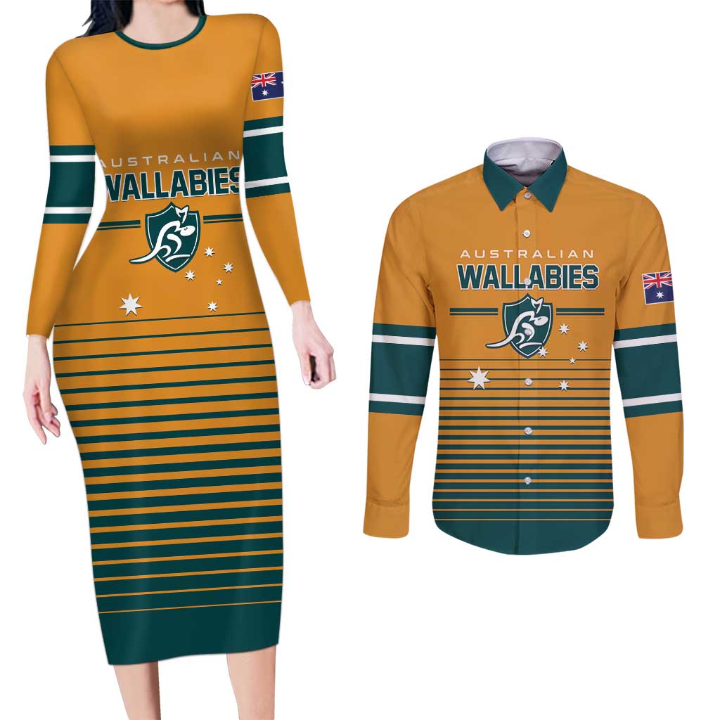 Custom Rugby Australia Couples Matching Long Sleeve Bodycon Dress and Long Sleeve Button Shirt Junior Wallabies Go Champions