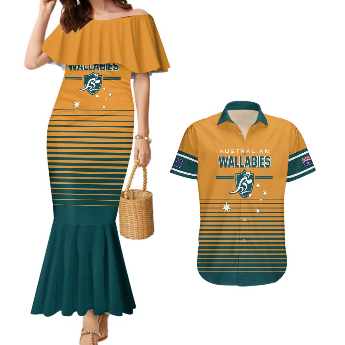 Custom Rugby Australia Couples Matching Mermaid Dress and Hawaiian Shirt Junior Wallabies Go Champions