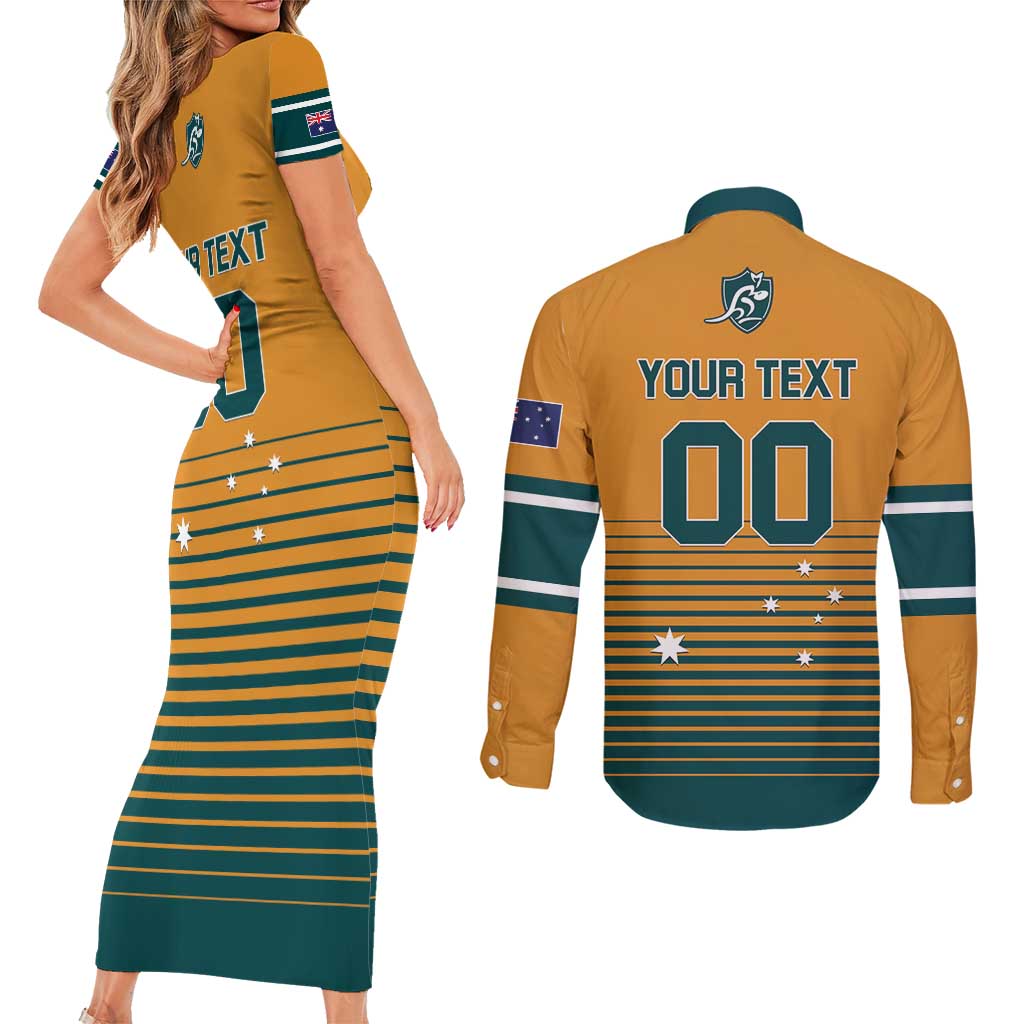Custom Rugby Australia Couples Matching Short Sleeve Bodycon Dress and Long Sleeve Button Shirt Junior Wallabies Go Champions