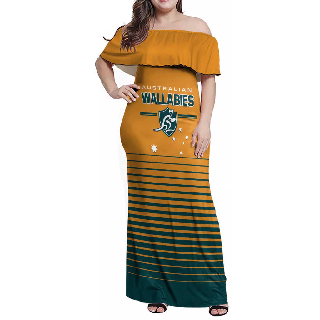 Custom Rugby Australia Family Matching Off Shoulder Maxi Dress and Hawaiian Shirt Junior Wallabies Go Champions LT01 Mom's Dress Yellow - Polynesian Pride