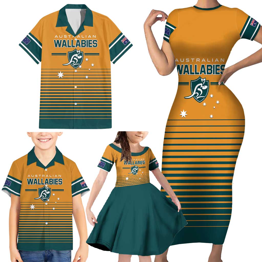 Custom Rugby Australia Family Matching Short Sleeve Bodycon Dress and Hawaiian Shirt Junior Wallabies Go Champions