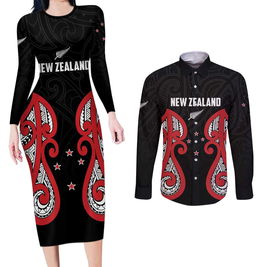 Custom Rugby New Zealand Couples Matching Long Sleeve Bodycon Dress and Long Sleeve Button Shirt Baby Black Go Champions