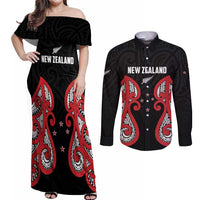 Custom Rugby New Zealand Couples Matching Off Shoulder Maxi Dress and Long Sleeve Button Shirt Baby Black Go Champions