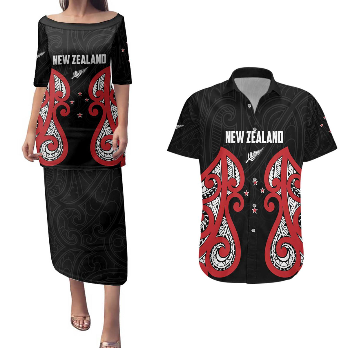 Custom Rugby New Zealand Couples Matching Puletasi and Hawaiian Shirt Baby Black Go Champions