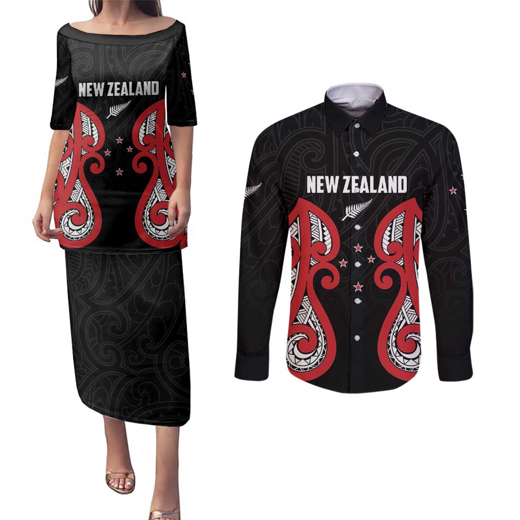 Custom Rugby New Zealand Couples Matching Puletasi and Long Sleeve Button Shirt Baby Black Go Champions