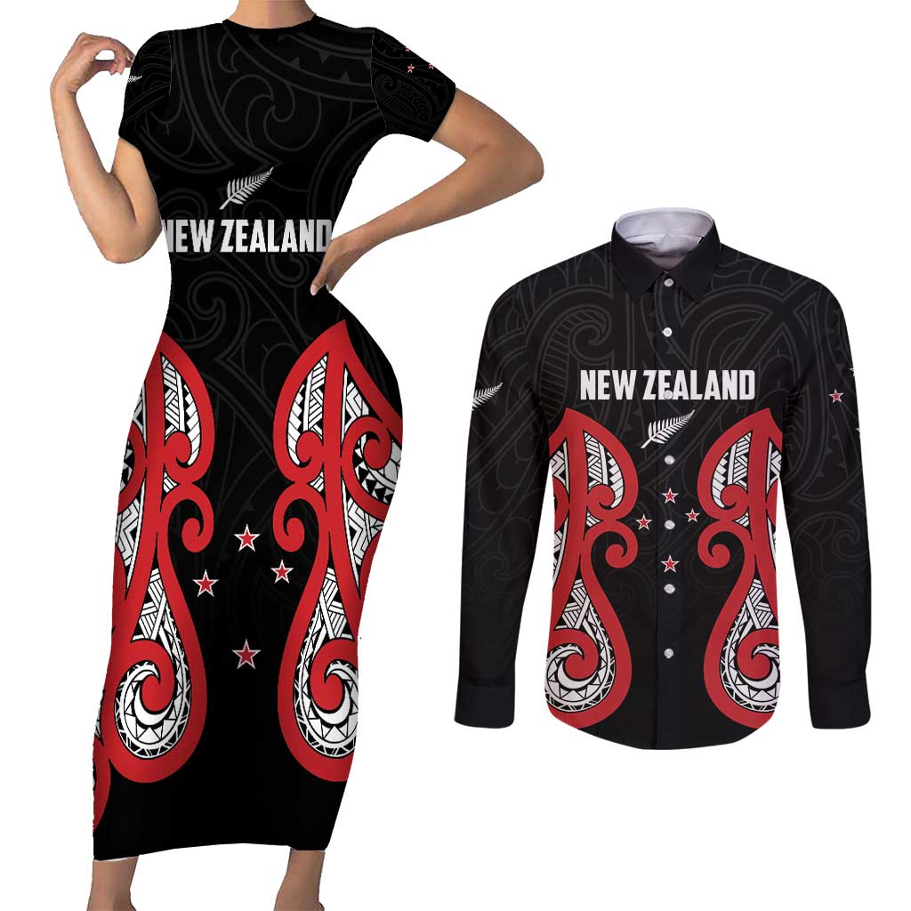 Custom Rugby New Zealand Couples Matching Short Sleeve Bodycon Dress and Long Sleeve Button Shirt Baby Black Go Champions