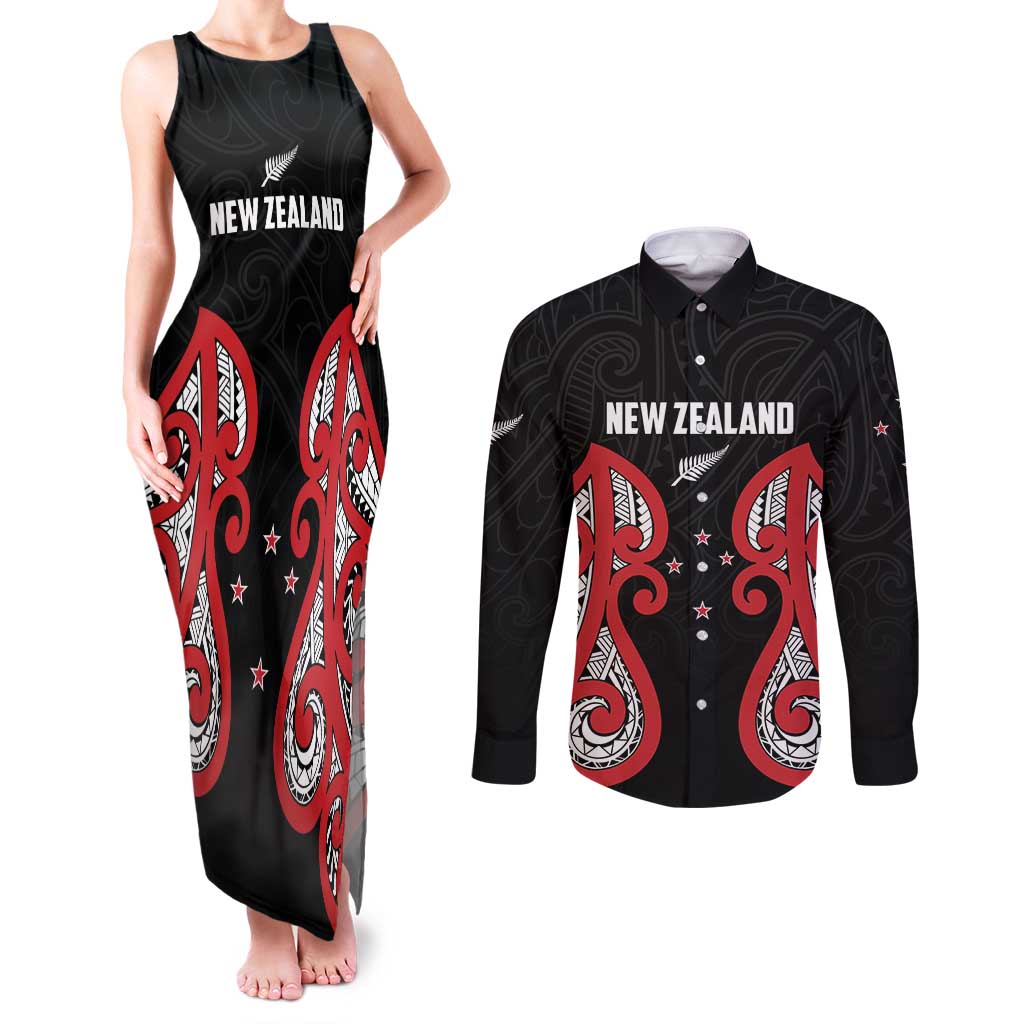 Custom Rugby New Zealand Couples Matching Tank Maxi Dress and Long Sleeve Button Shirt Baby Black Go Champions