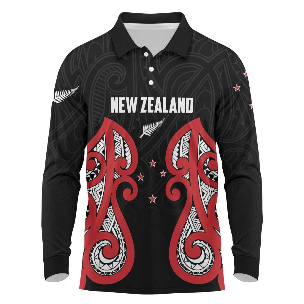 Custom Rugby New Zealand Long Sleeve Polo Shirt Baby Black Go Champions LT01 Black - Polynesian Pride
