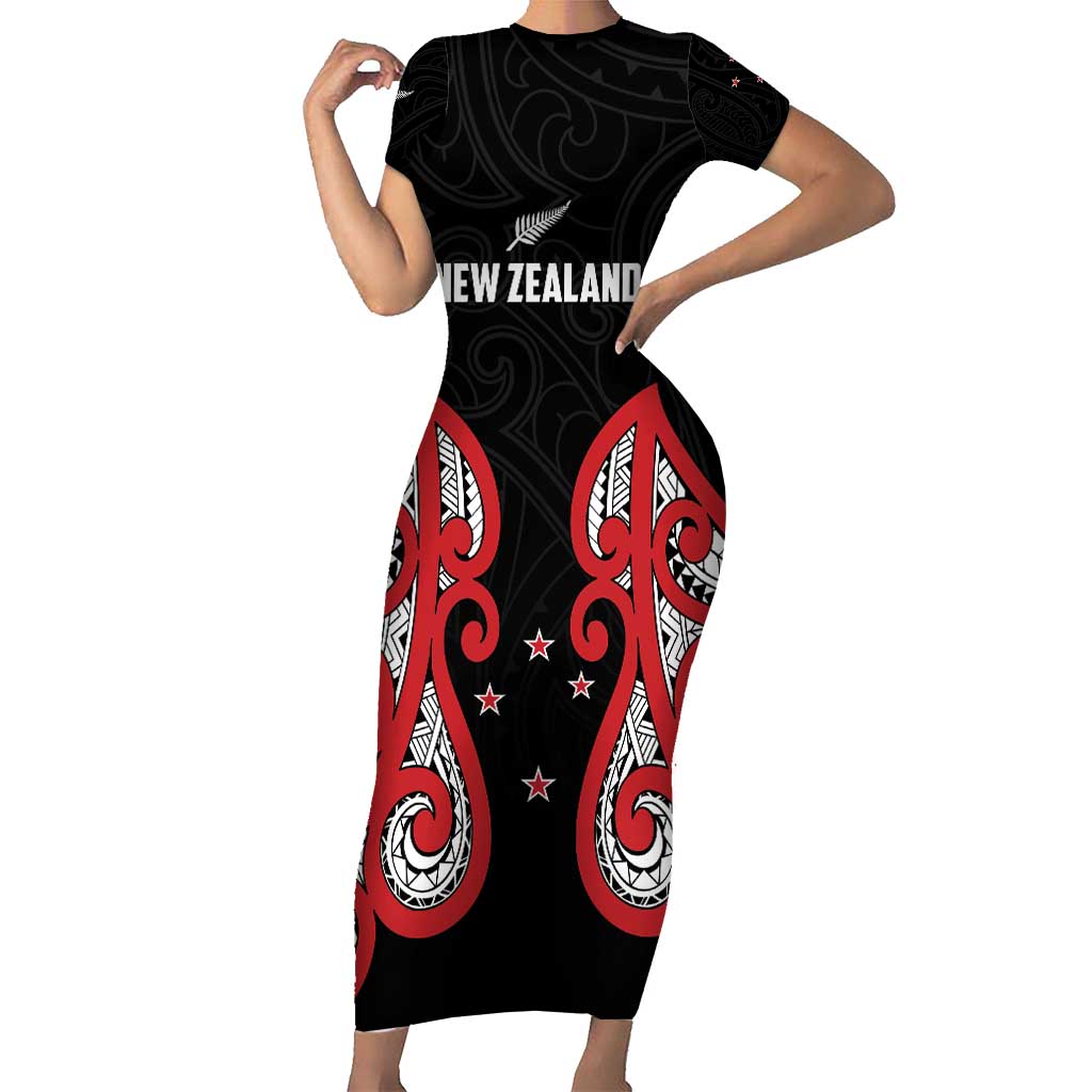 Custom Rugby New Zealand Short Sleeve Bodycon Dress Baby Black Go Champions LT01 Long Dress Black - Polynesian Pride