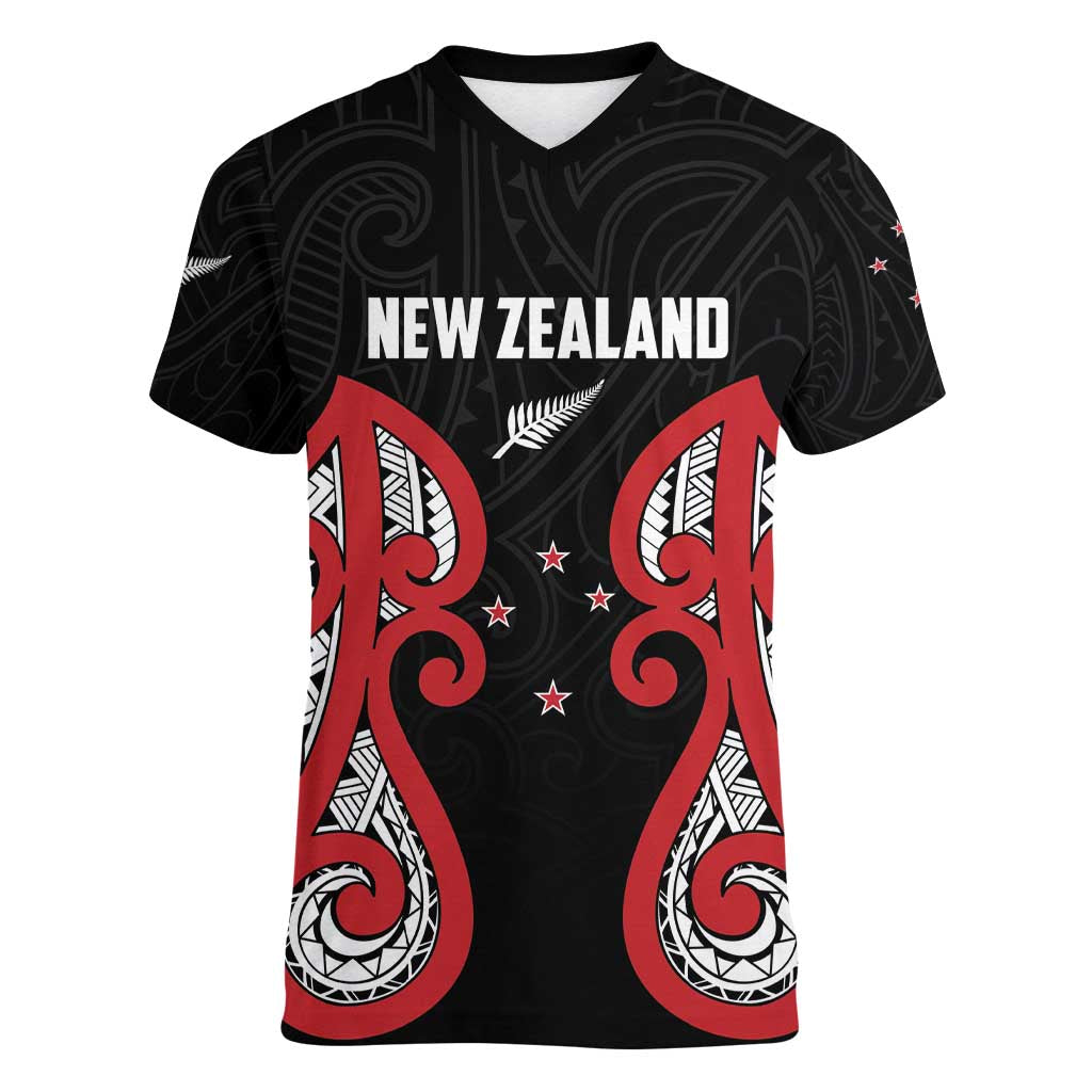 Custom Rugby New Zealand Women V-Neck T-Shirt Baby Black Go Champions LT01 Female Black - Polynesian Pride