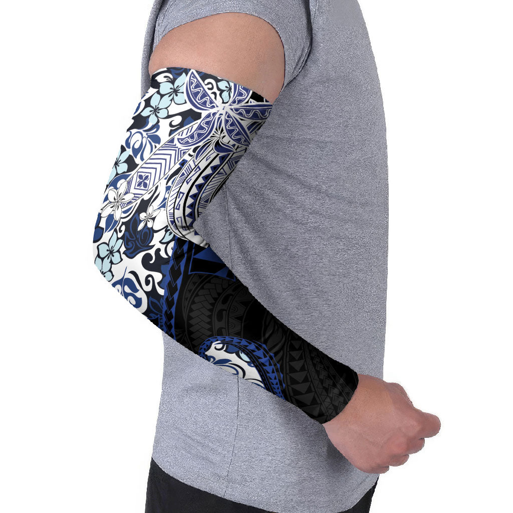 Monstera Plumeria Flowers Blue Arm Sleeves Polynesian Pattern