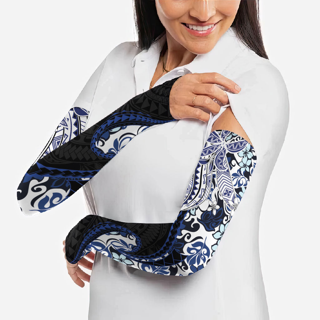 Monstera Plumeria Flowers Blue Arm Sleeves Polynesian Pattern
