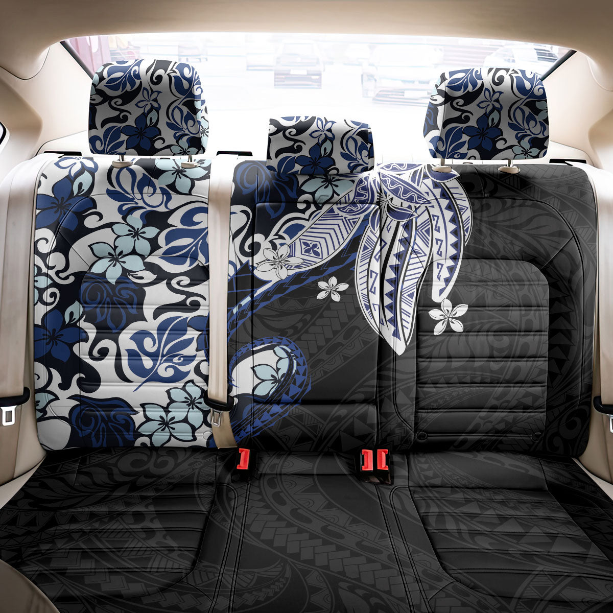 Monstera Plumeria Flowers Blue Back Car Seat Cover Polynesian Pattern