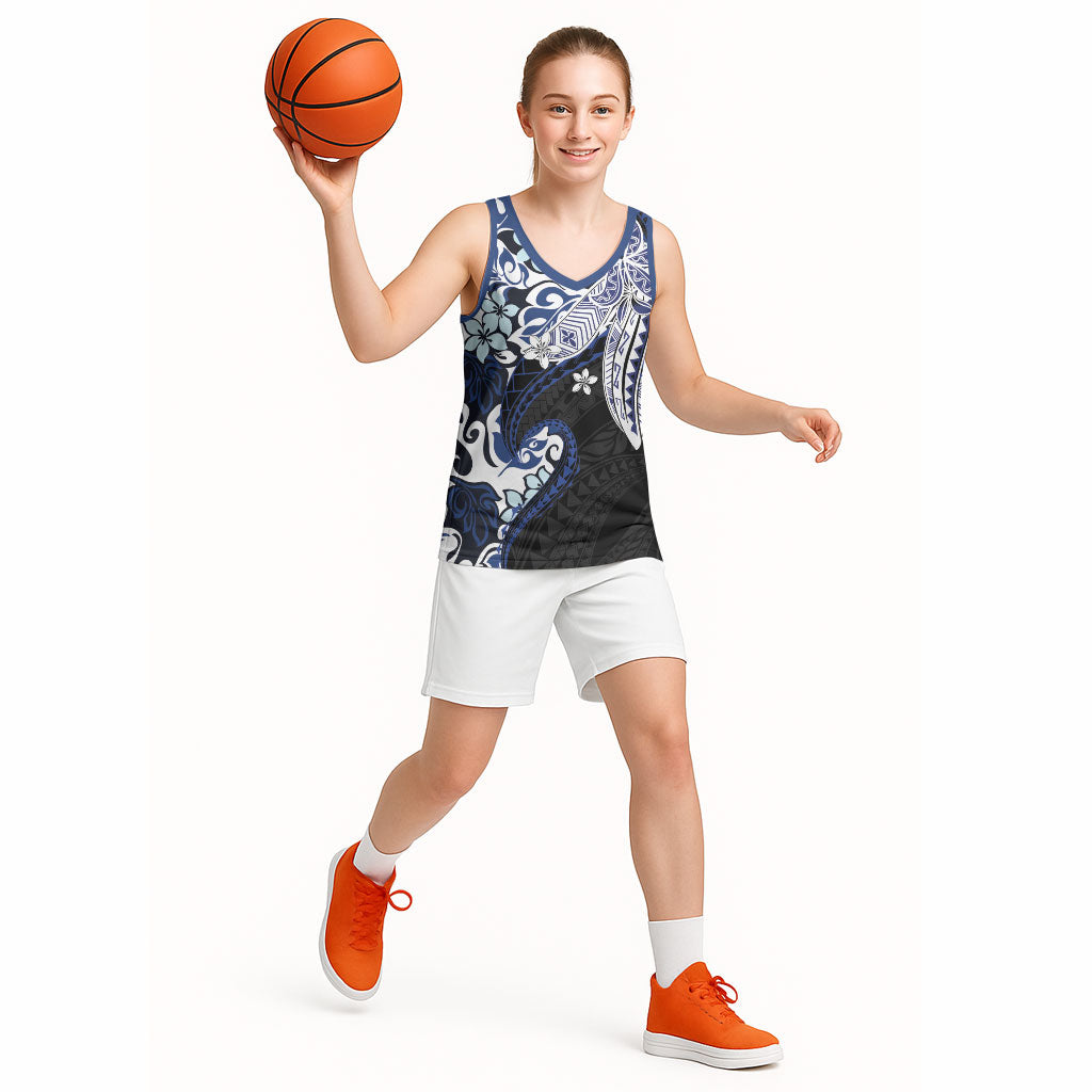 Monstera Plumeria Flowers Blue Basketball Jersey Polynesian Pattern