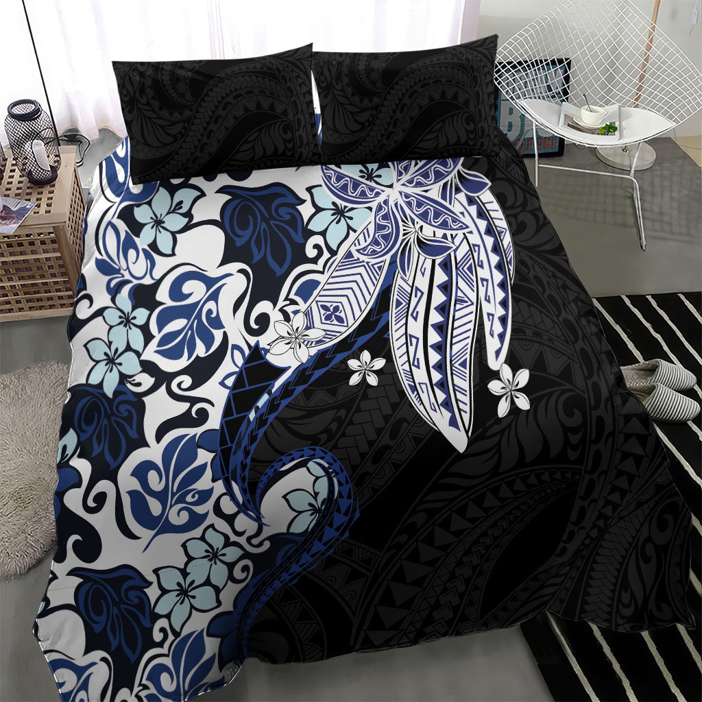 Monstera Plumeria Flowers Blue Bedding Set Polynesian Pattern