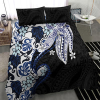 Monstera Plumeria Flowers Blue Bedding Set Polynesian Pattern