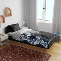 Monstera Plumeria Flowers Blue Bedding Set Polynesian Pattern