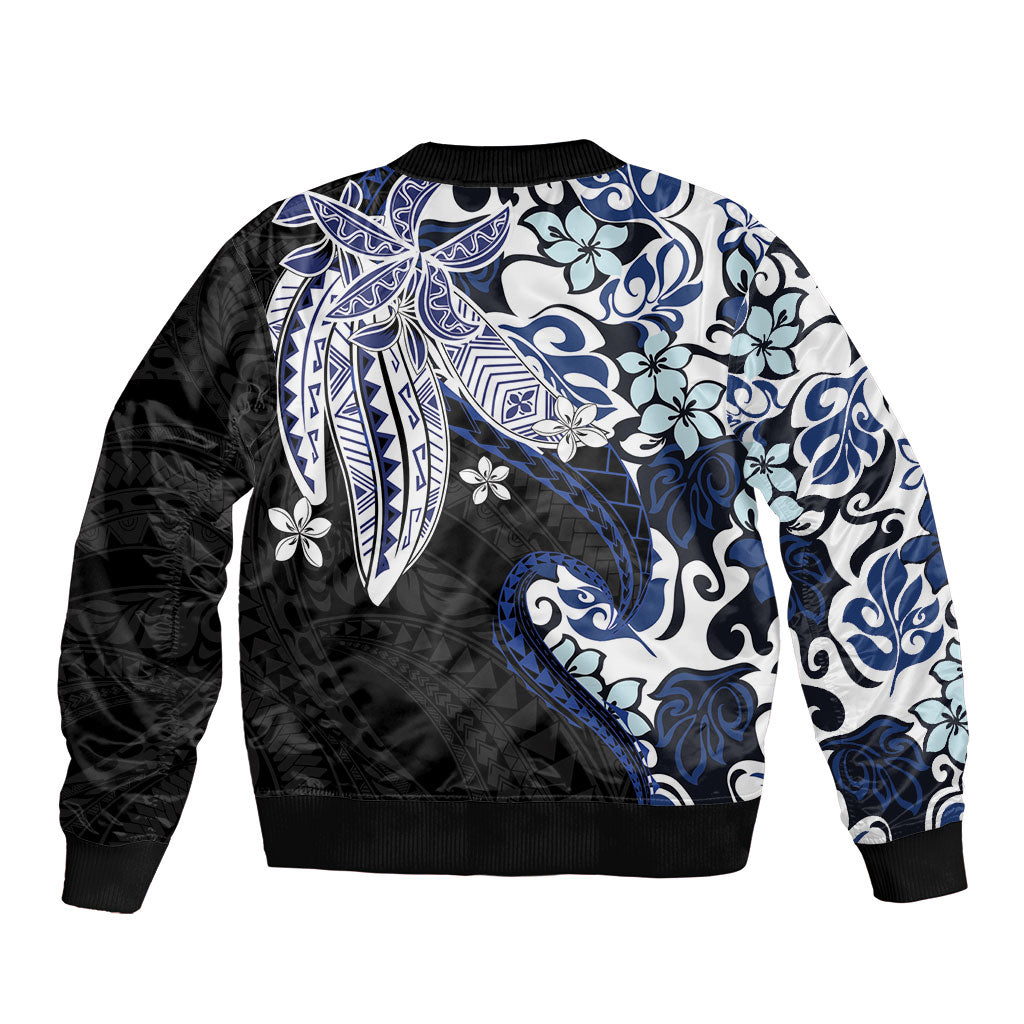 Monstera Plumeria Flowers Blue Bomber Jacket Polynesian Pattern