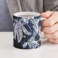 Monstera Plumeria Flowers Blue Ceramic Mug Polynesian Pattern