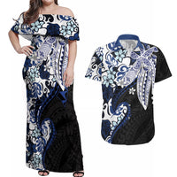 Monstera Plumeria Flowers Blue Couples Matching Off Shoulder Maxi Dress and Hawaiian Shirt Polynesian Pattern