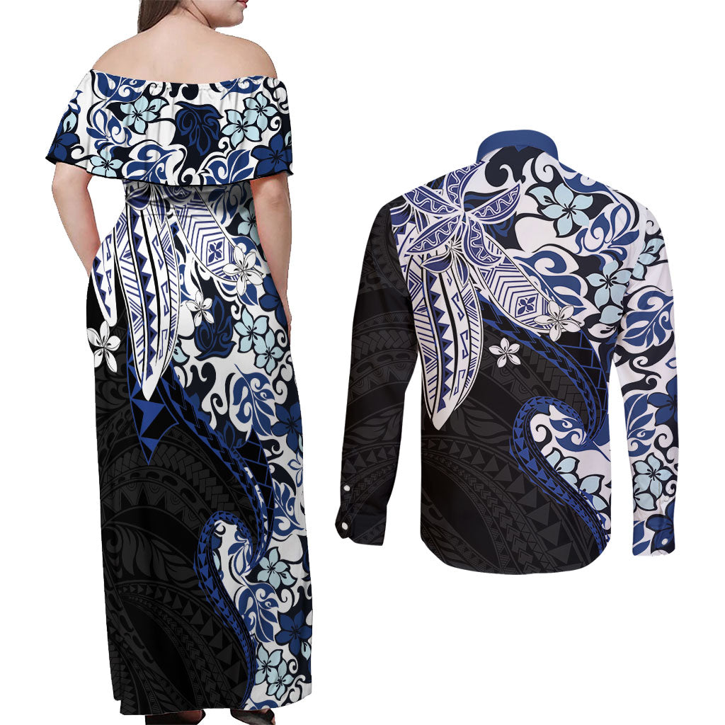 Monstera Plumeria Flowers Blue Couples Matching Off Shoulder Maxi Dress and Long Sleeve Button Shirt Polynesian Pattern