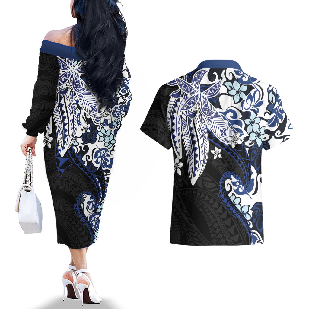 Monstera Plumeria Flowers Blue Couples Matching Off The Shoulder Long Sleeve Dress and Hawaiian Shirt Polynesian Pattern LT01 - Polynesian Pride