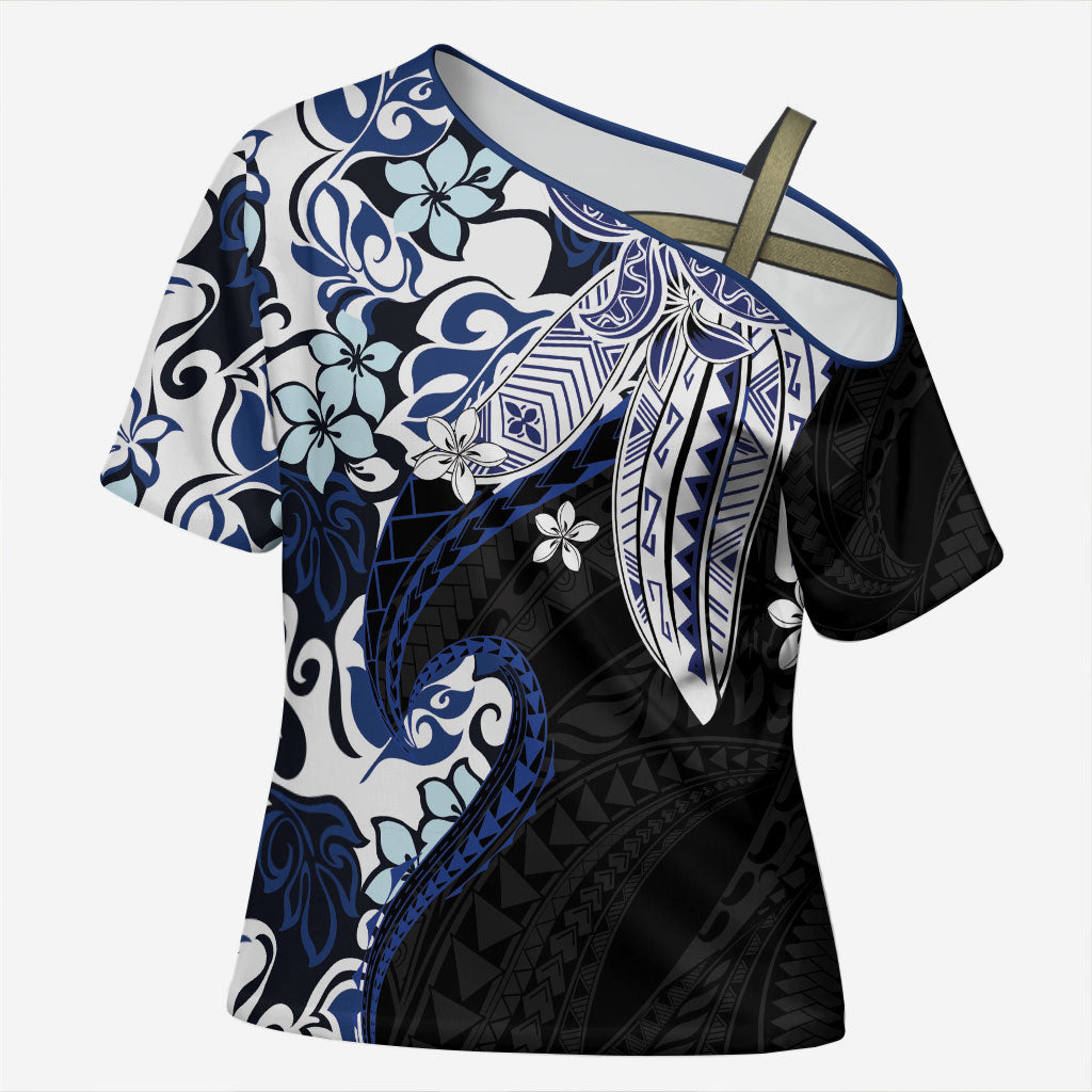 Monstera Plumeria Flowers Blue Cross Shoulder Shirt Polynesian Pattern
