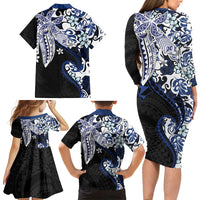 Monstera Plumeria Flowers Blue Family Matching Long Sleeve Bodycon Dress and Hawaiian Shirt Polynesian Pattern LT01 - Polynesian Pride