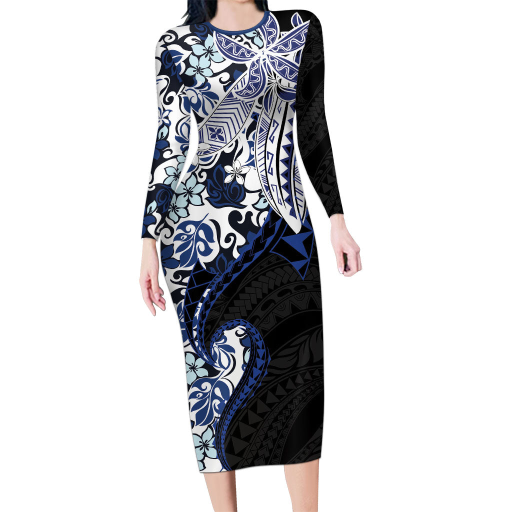 Monstera Plumeria Flowers Blue Family Matching Long Sleeve Bodycon Dress and Hawaiian Shirt Polynesian Pattern LT01 Mom's Dress Blue - Polynesian Pride