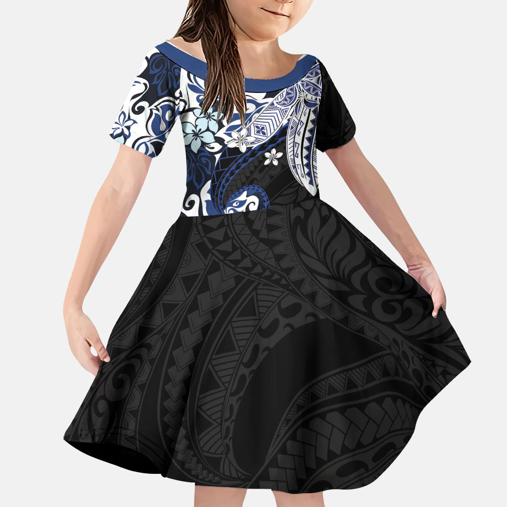 Monstera Plumeria Flowers Blue Family Matching Mermaid Dress and Hawaiian Shirt Polynesian Pattern LT01 Daughter's Dress Blue - Polynesian Pride