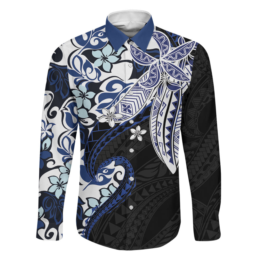Monstera Plumeria Flowers Blue Family Matching Mermaid Dress and Hawaiian Shirt Polynesian Pattern LT01 Dad's Shirt - Long Sleeve Blue - Polynesian Pride