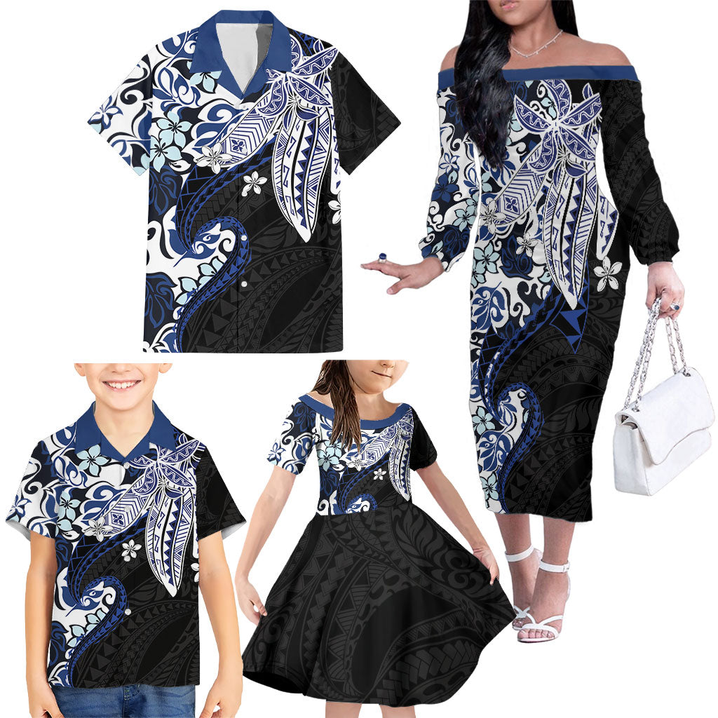 Monstera Plumeria Flowers Blue Family Matching Off The Shoulder Long Sleeve Dress and Hawaiian Shirt Polynesian Pattern