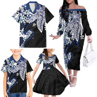 Monstera Plumeria Flowers Blue Family Matching Off The Shoulder Long Sleeve Dress and Hawaiian Shirt Polynesian Pattern LT01 - Polynesian Pride