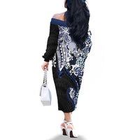 Monstera Plumeria Flowers Blue Family Matching Off The Shoulder Long Sleeve Dress and Hawaiian Shirt Polynesian Pattern LT01 - Polynesian Pride