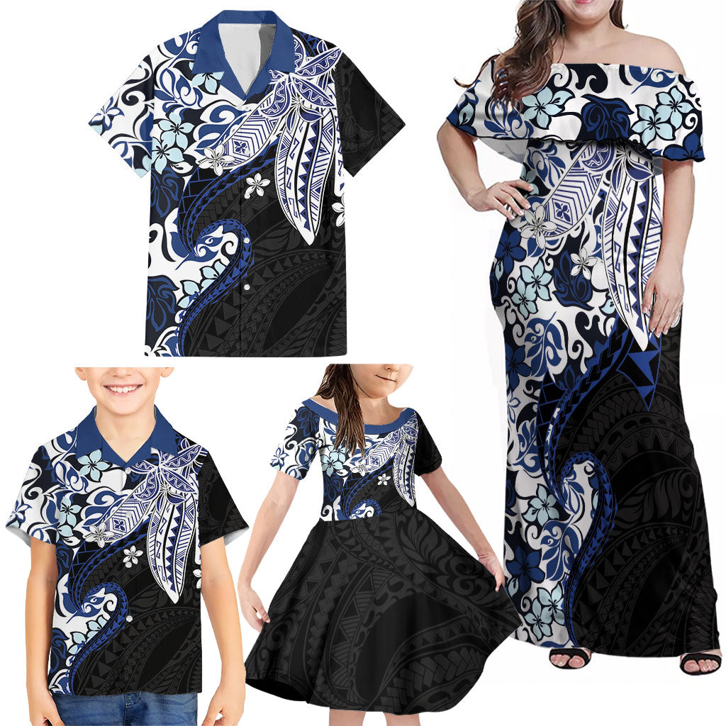 Monstera Plumeria Flowers Blue Family Matching Off Shoulder Maxi Dress and Hawaiian Shirt Polynesian Pattern LT01 - Polynesian Pride
