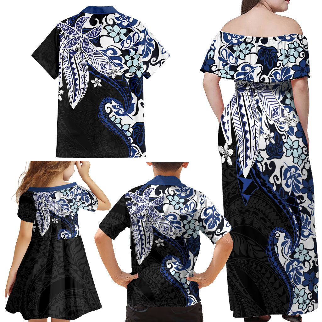 Monstera Plumeria Flowers Blue Family Matching Off Shoulder Maxi Dress and Hawaiian Shirt Polynesian Pattern LT01 - Polynesian Pride